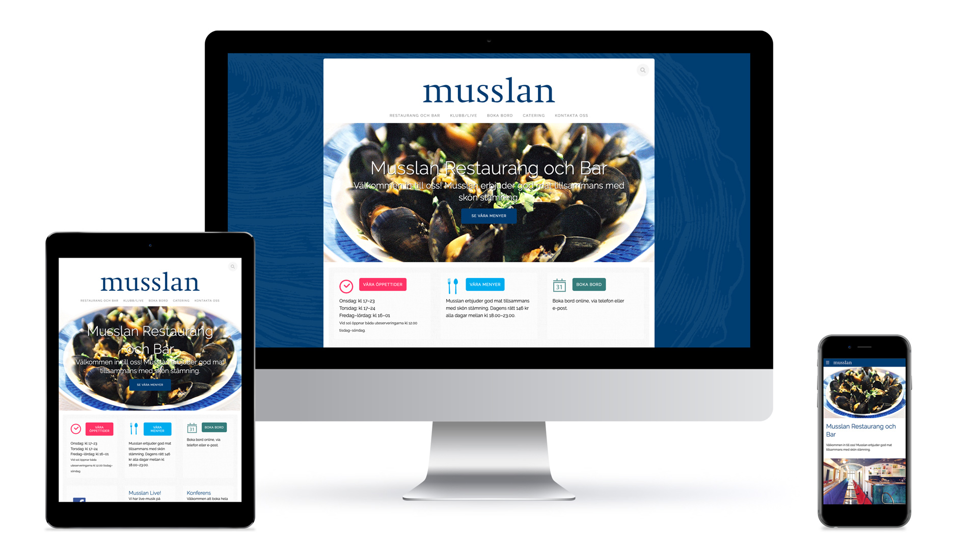 Musslans webbplats såsom den ser ut i desktop, tablet och smartphone.