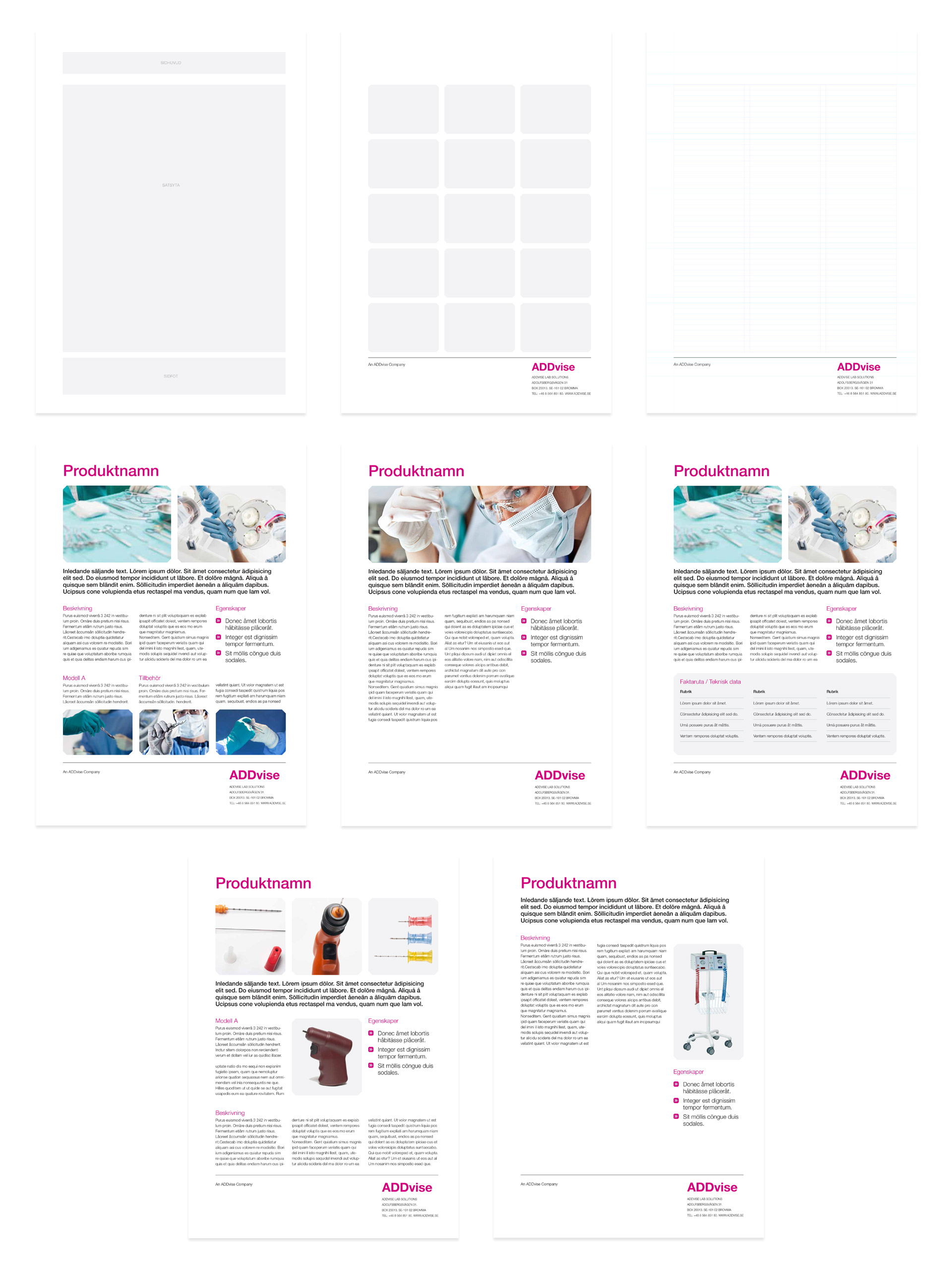 Produktbladsmall i Indesign med olika layoutexempel