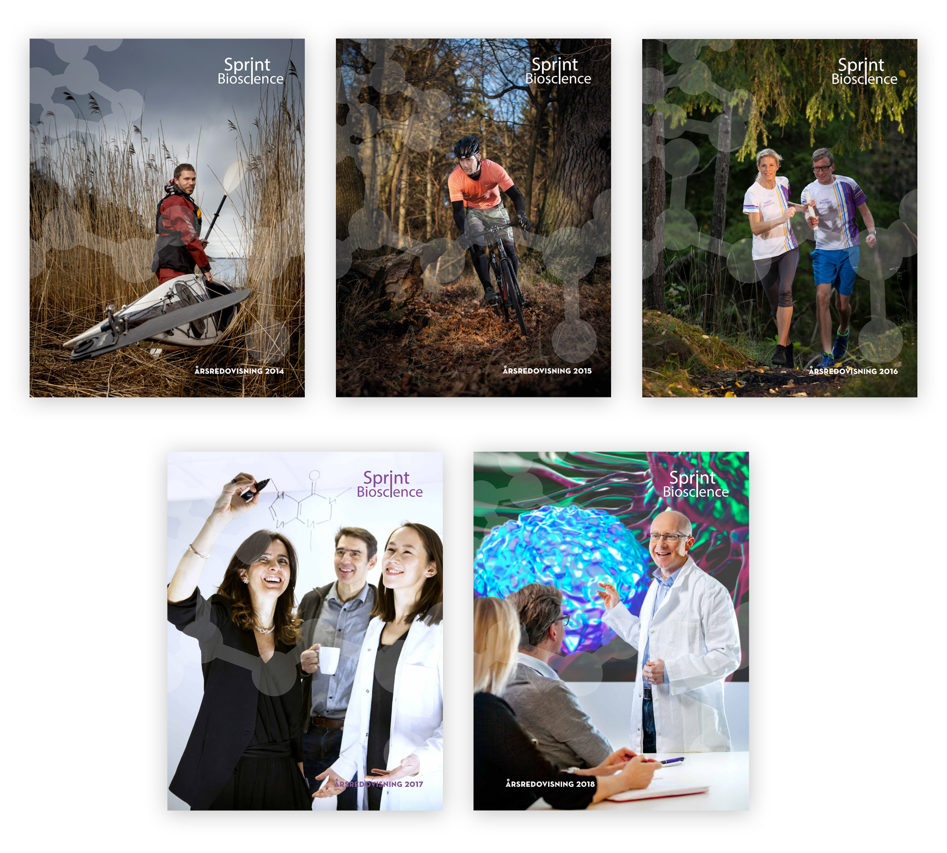 Omslagen för Sprint Biosciences årsredovisningar för åren 2014–2018
