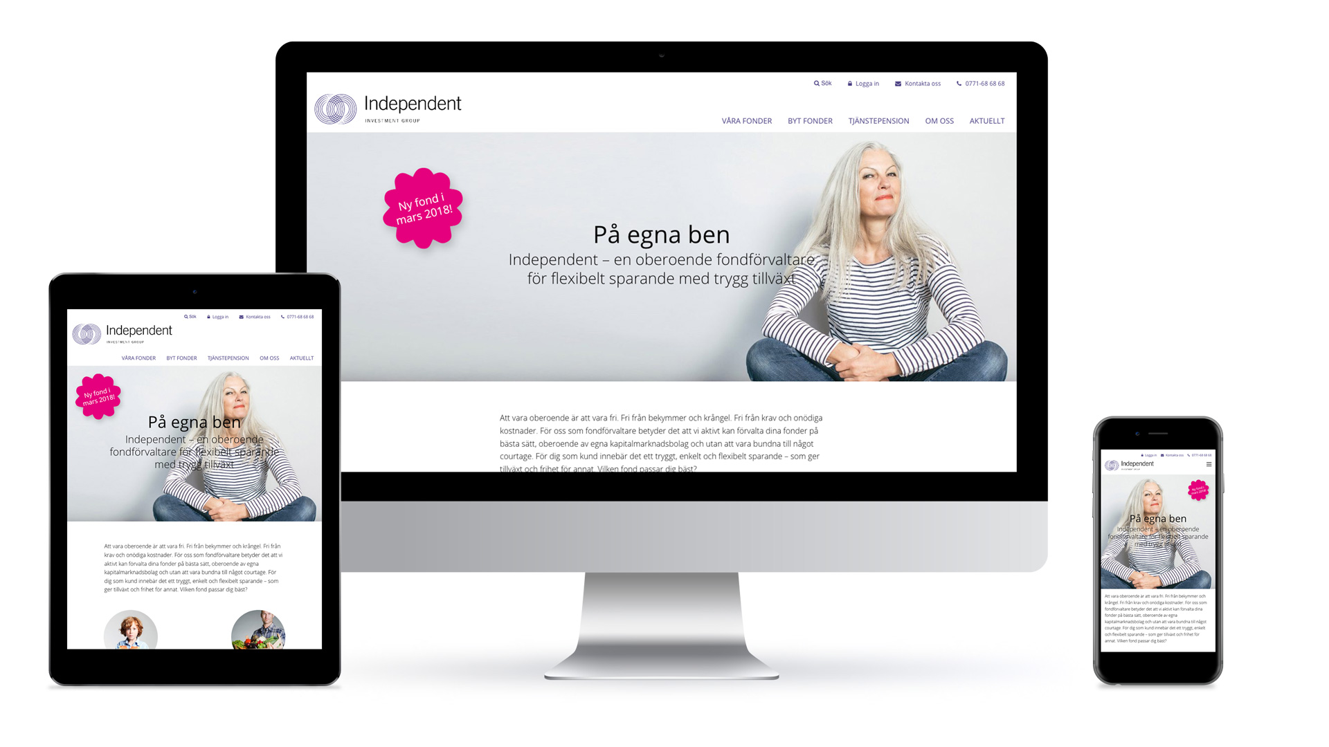 IIG:s webbplats såsom den ser ut i desktop, tablet och smartphone.