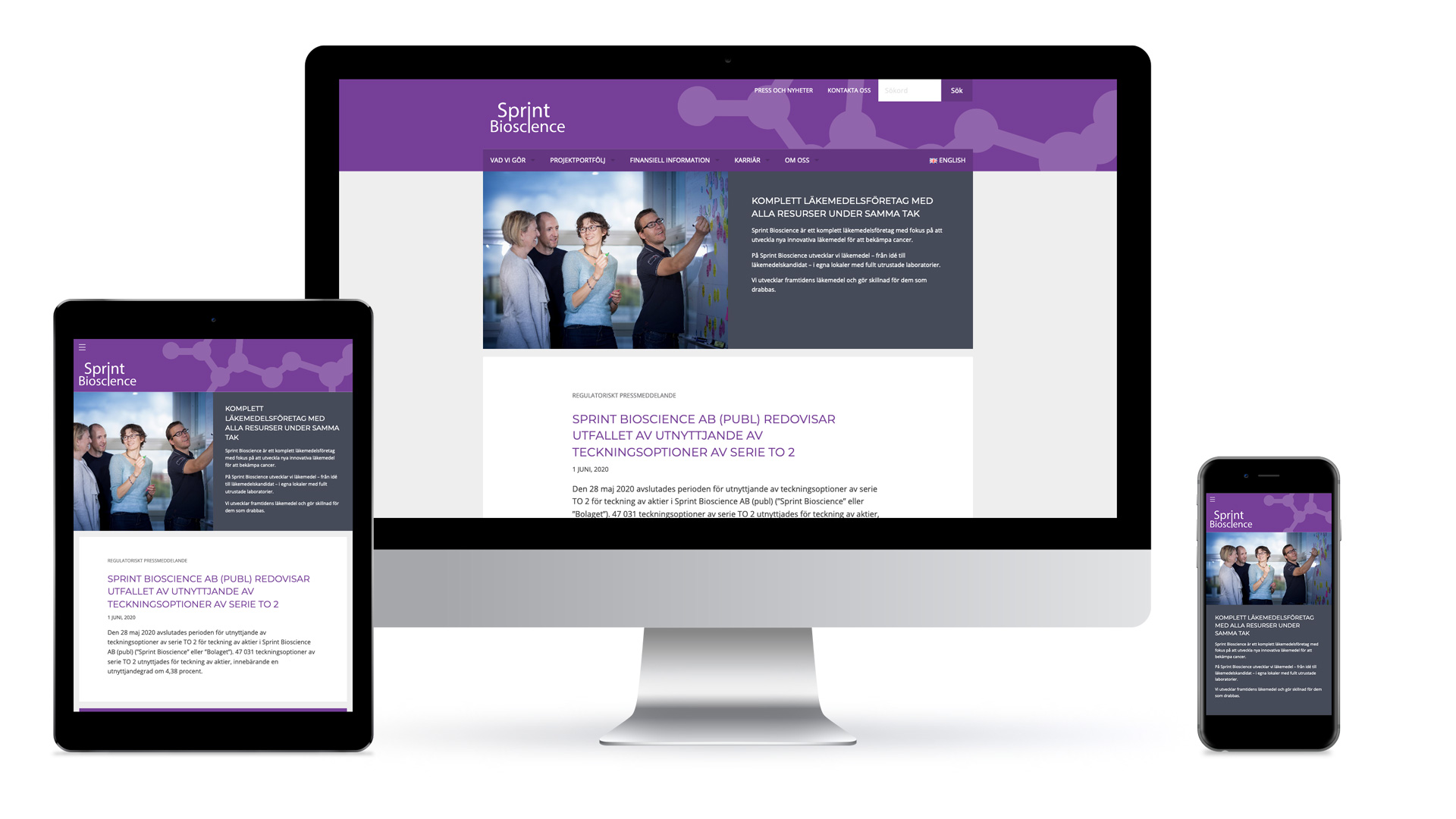 Sprint Biosciences webbplast såsom den ser ut i desktop, tablet och smartphone.