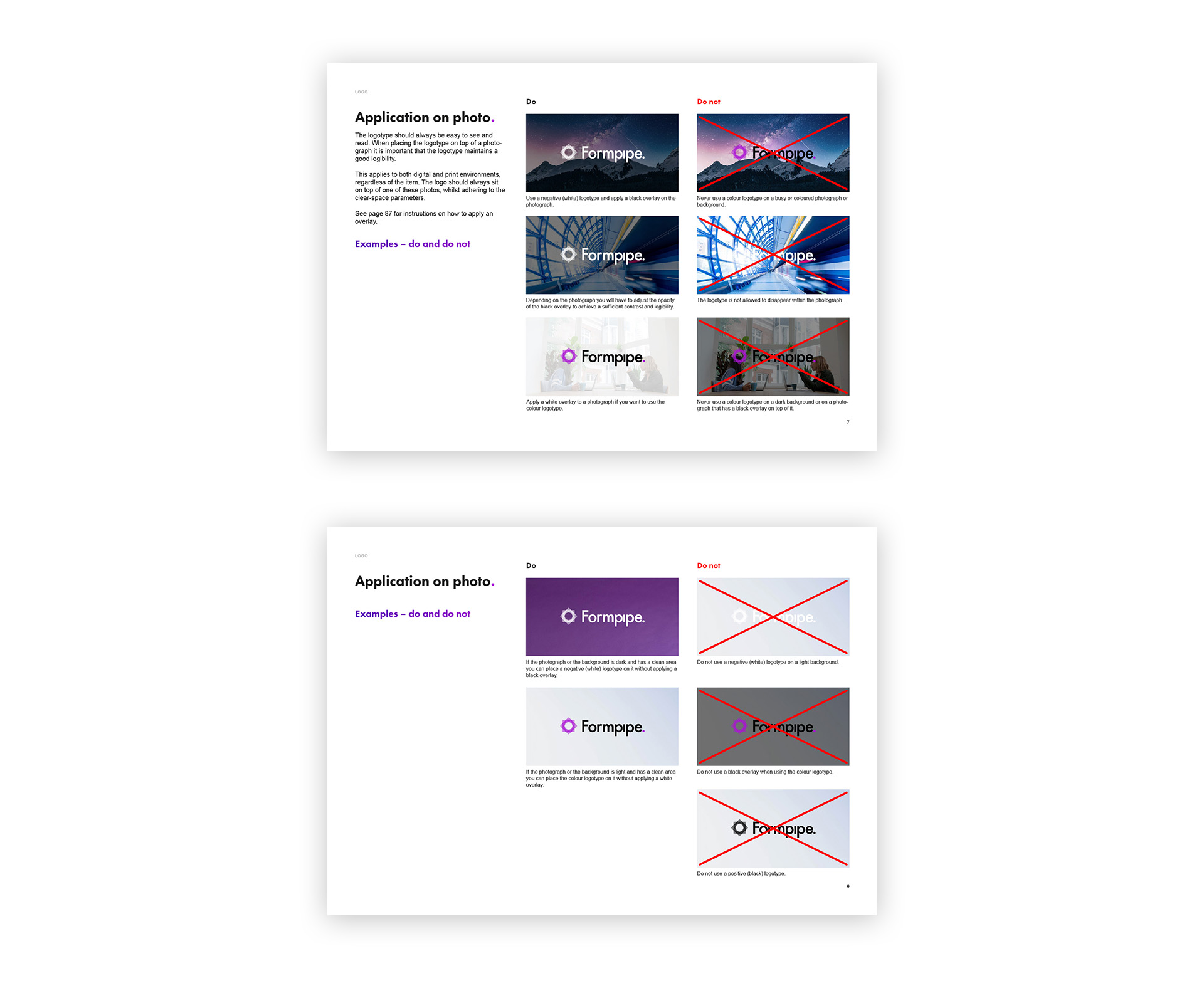 Style Guide. Två uppslag som visar hur logotypen får och inte får användas.