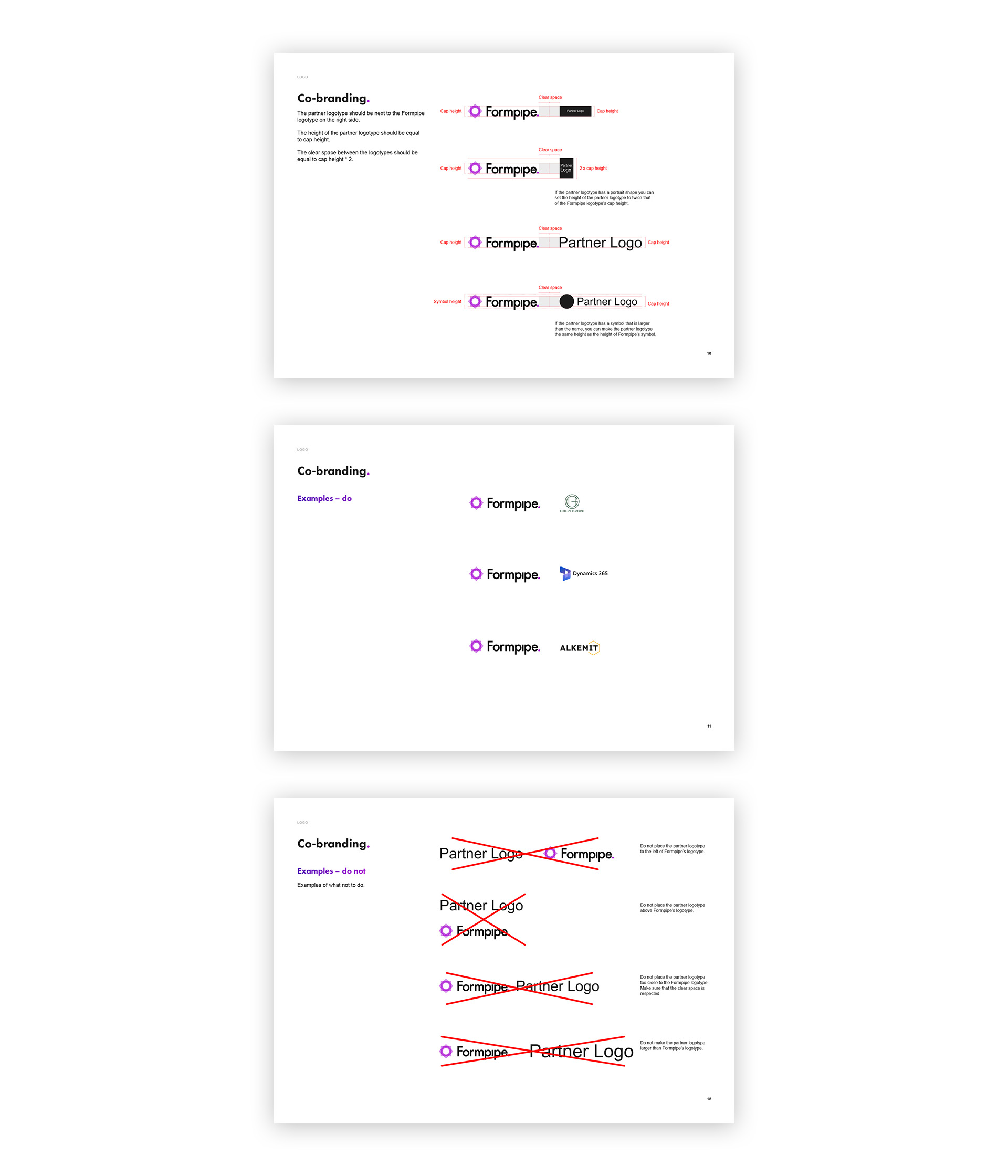 Style Guide. Tre uppslag som visar det nya avsnittet Co-branding.