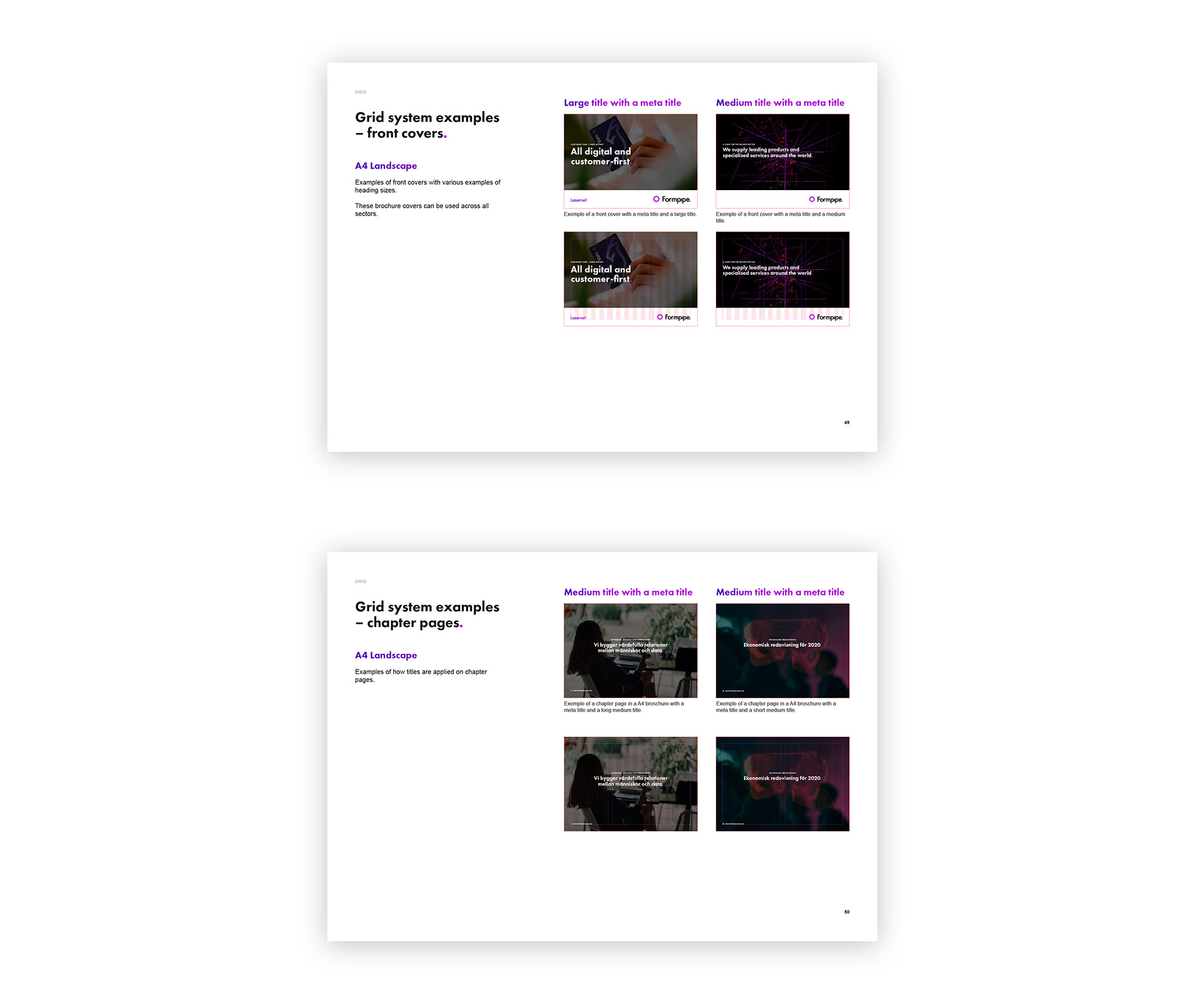 Style Guide. Två uppslag med layoutexempel på en A4-publikation i liggande format.