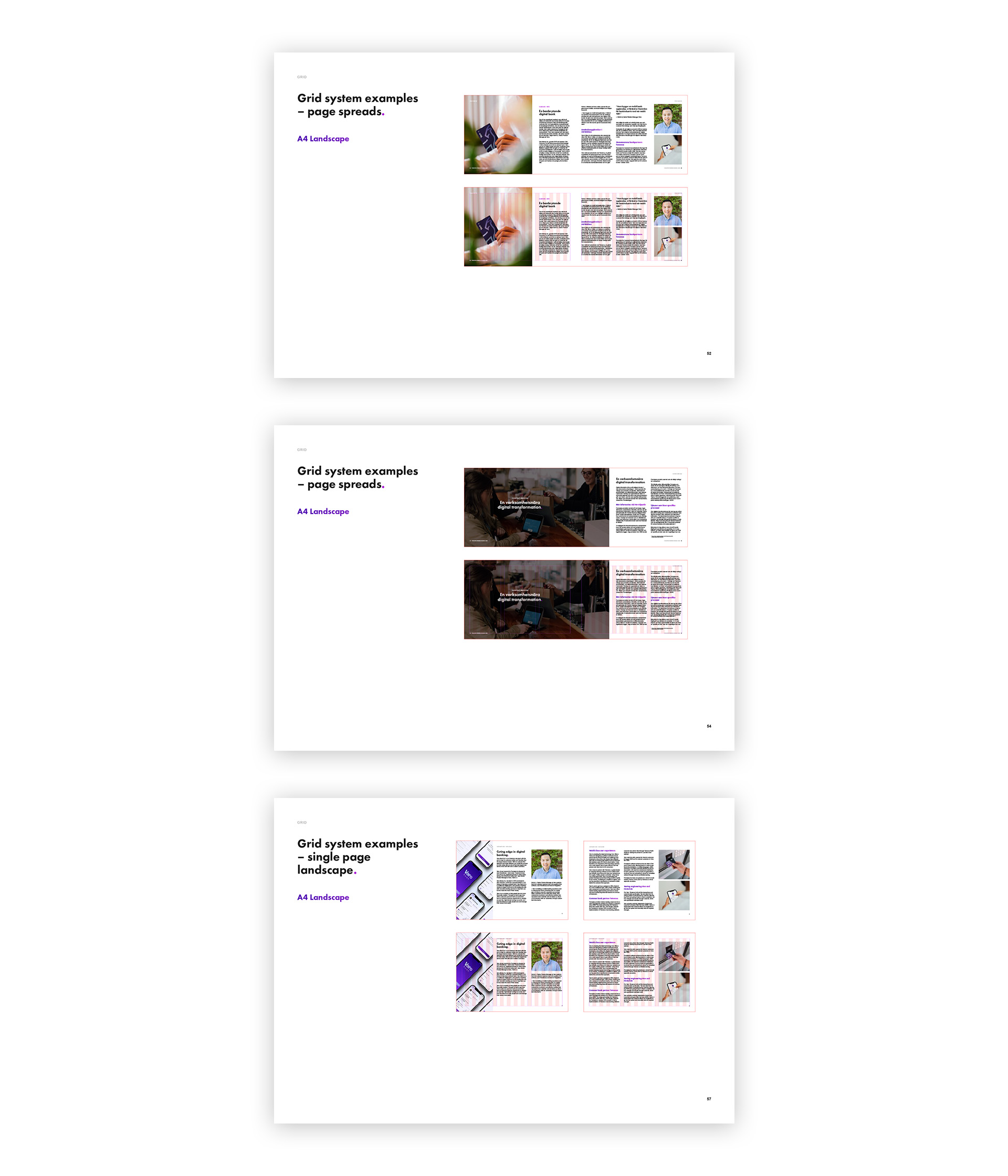 Style Guide. Tre uppslag med layoutexempel på en A4-publikation i liggande format.