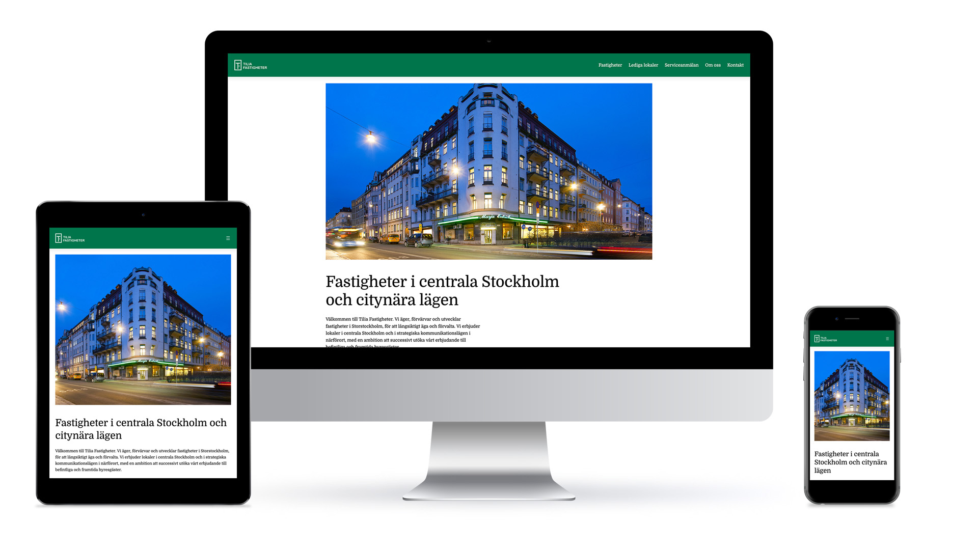 Tilia Fastigheters webbsida såsom den ser ut i dekstop, tablet och i en smartphone.