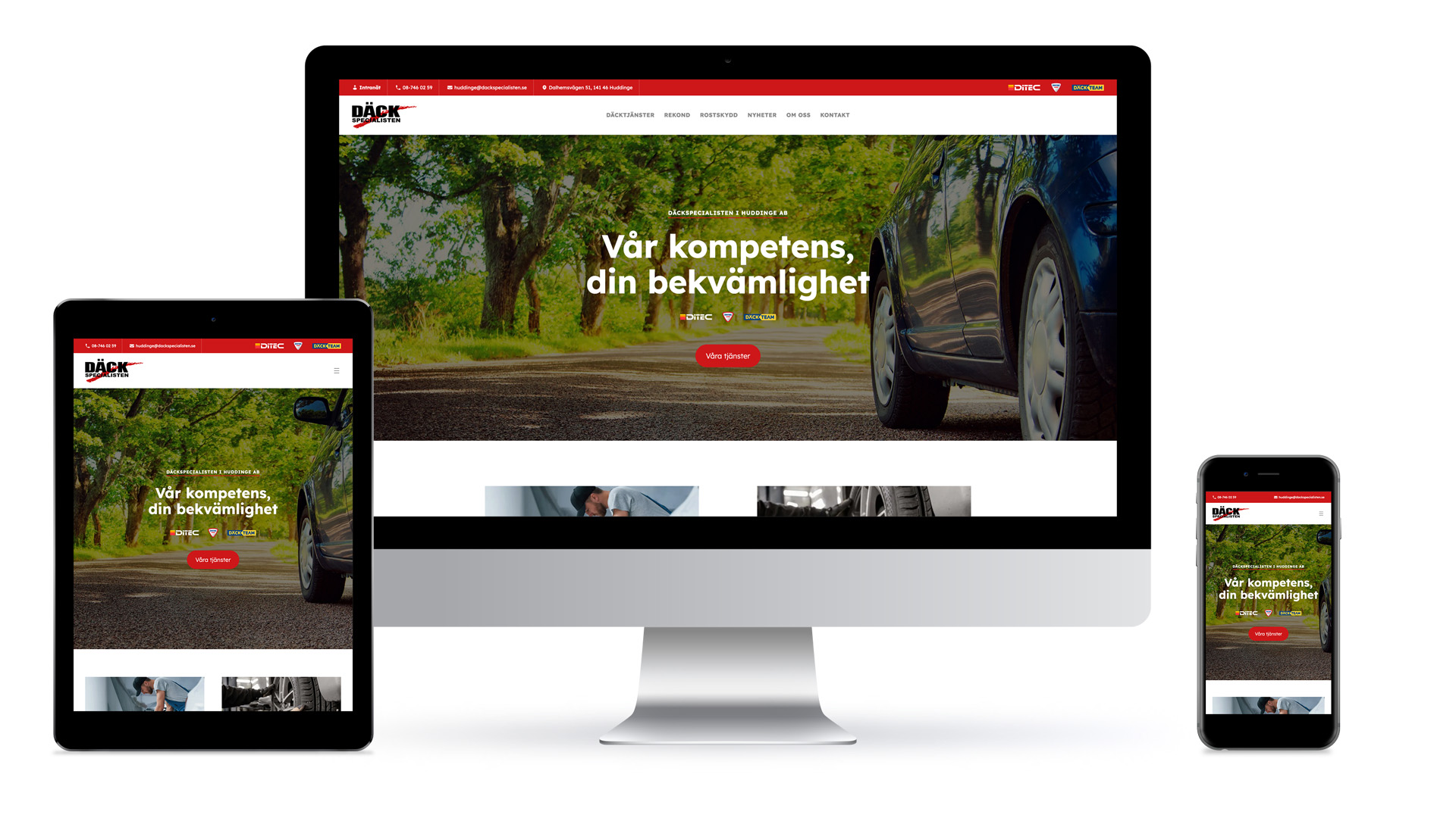Däckspecialistens webbsida såsom den ser ut i dekstop, tablet och i en smartphone.