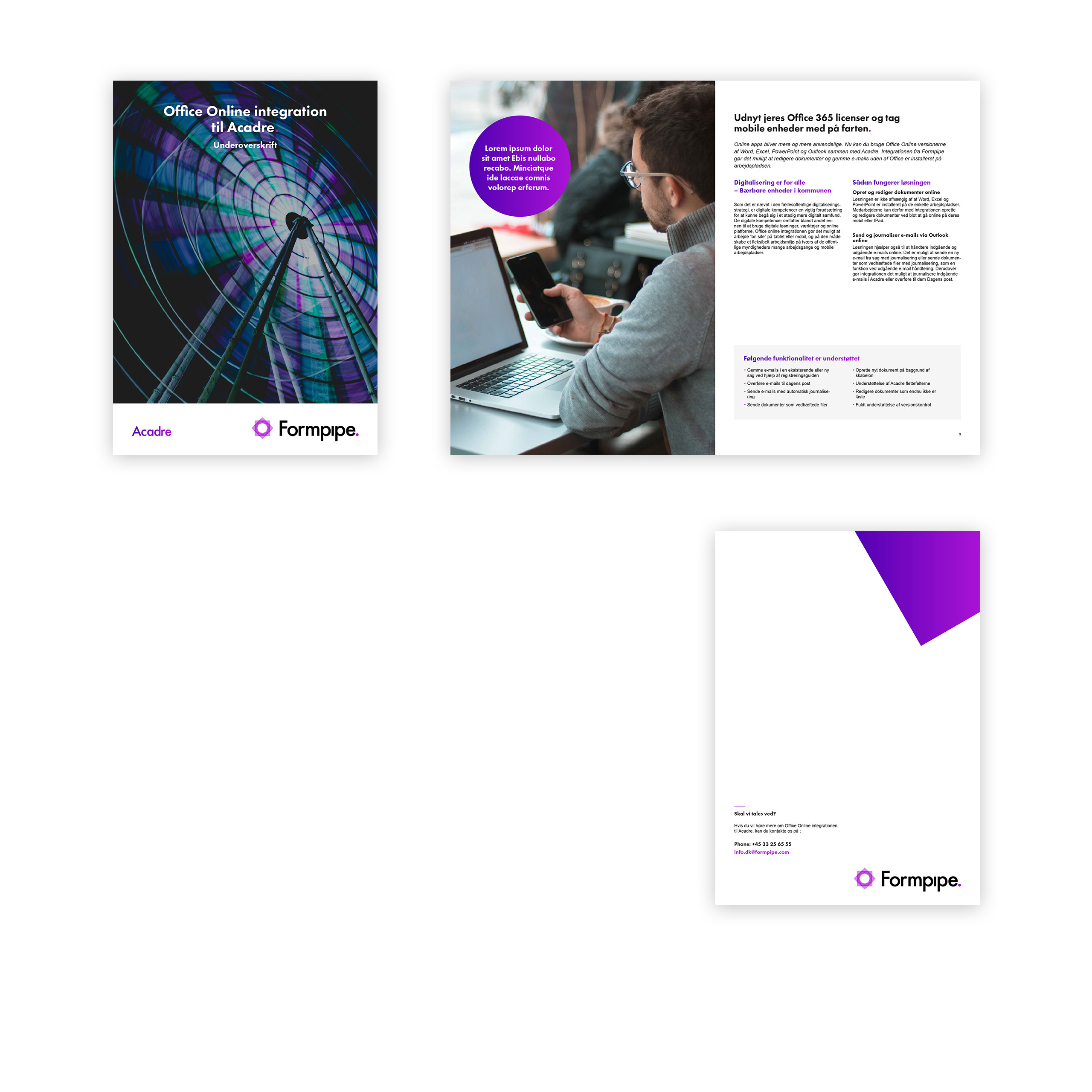 Omslaget till broschyren Office Online til Acadre, ett uppslag ur inlagan samt omslagets baksida.