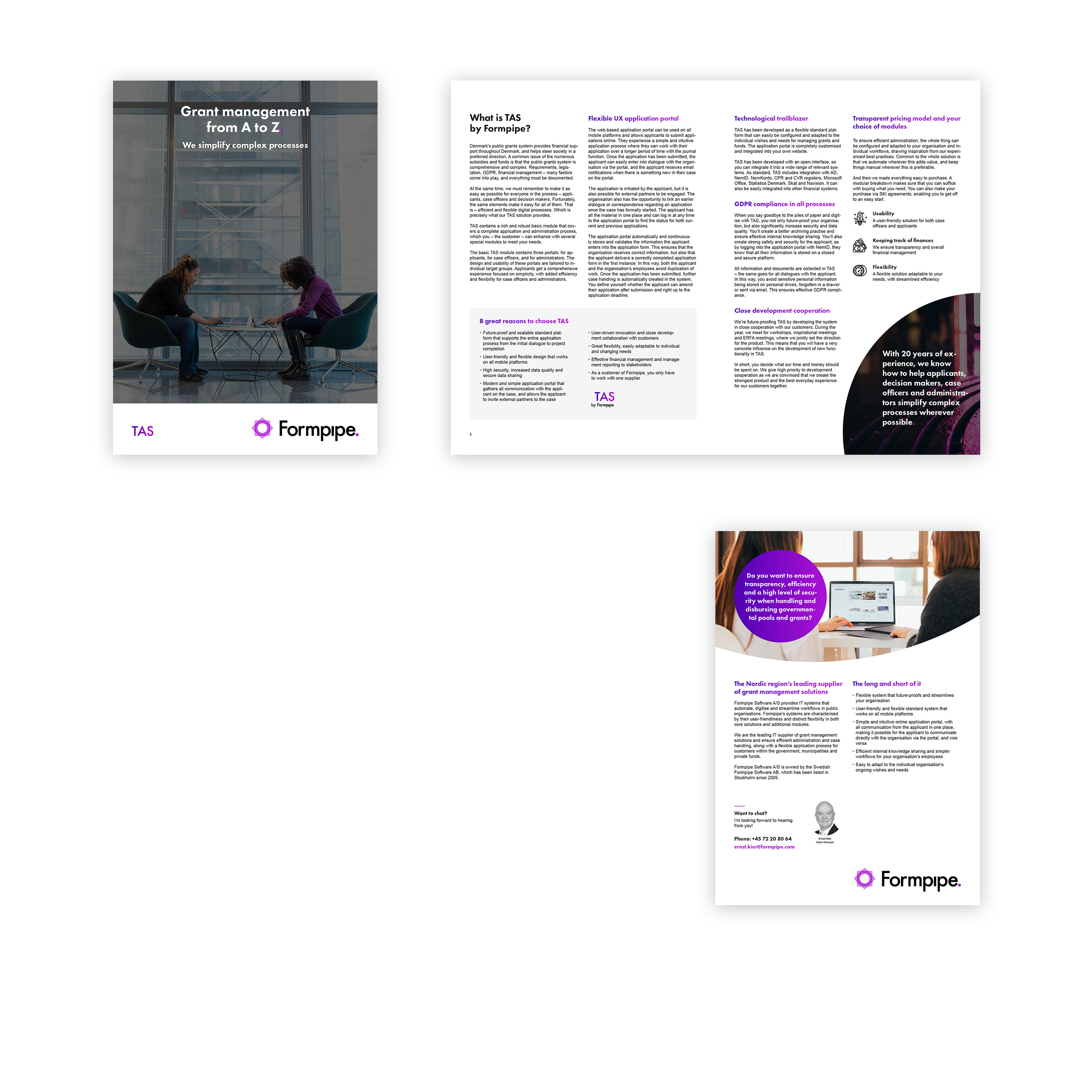 Omslaget till broschyren Grant Management from A to Z, ett uppslag ur inlagan samt omslagets baksida.