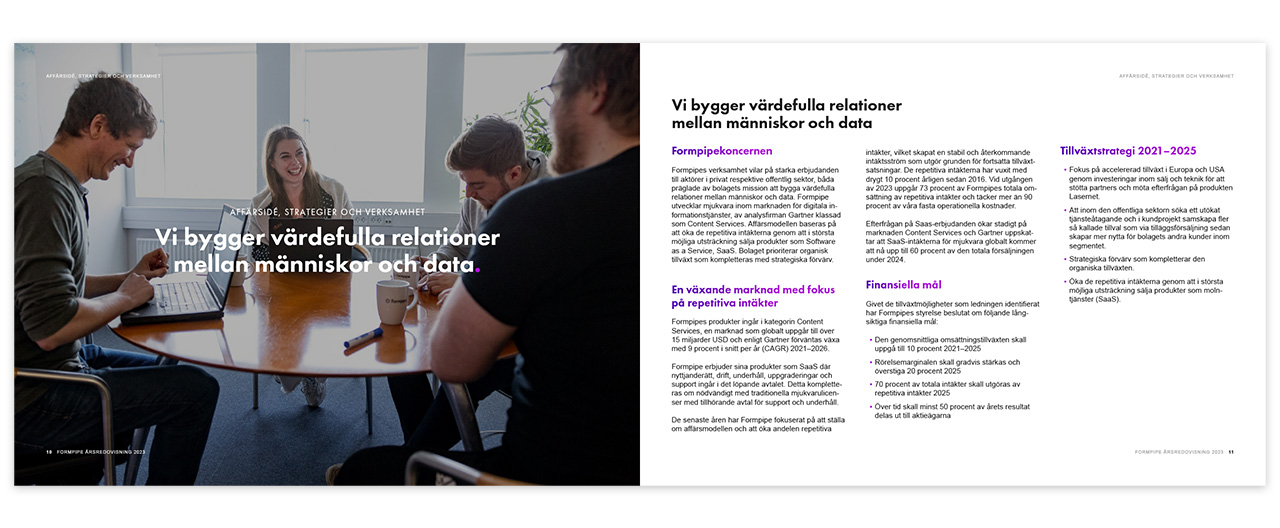 Ett uppslag ur Formpipes årsredovisning 2023.
