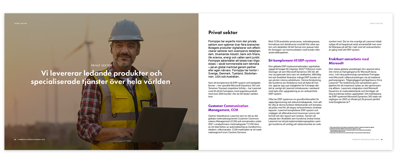 Ett uppslag ur Formpipes årsredovisning 2023.