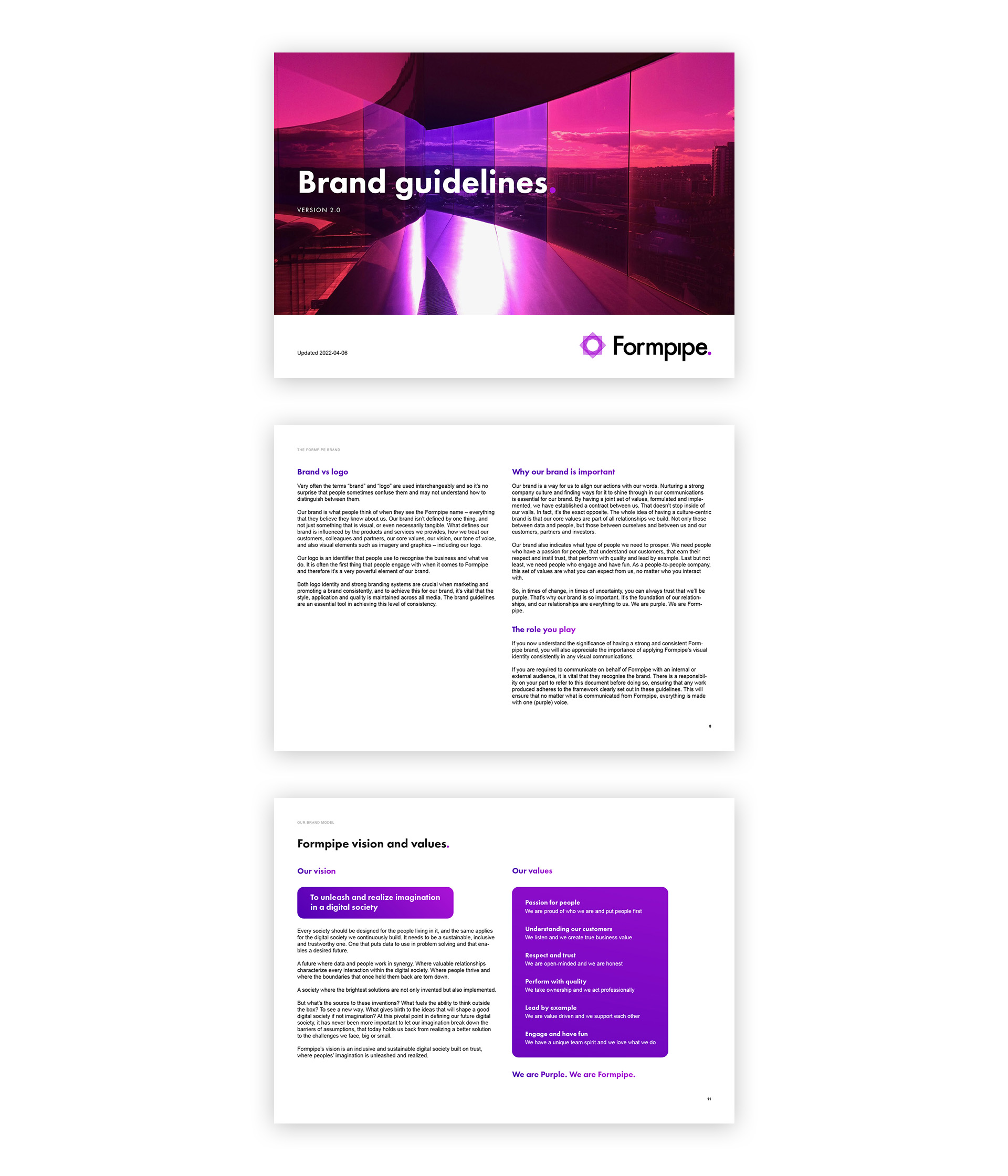 Omslaget och två uppslag ur Formpipes Brand Guidelines.