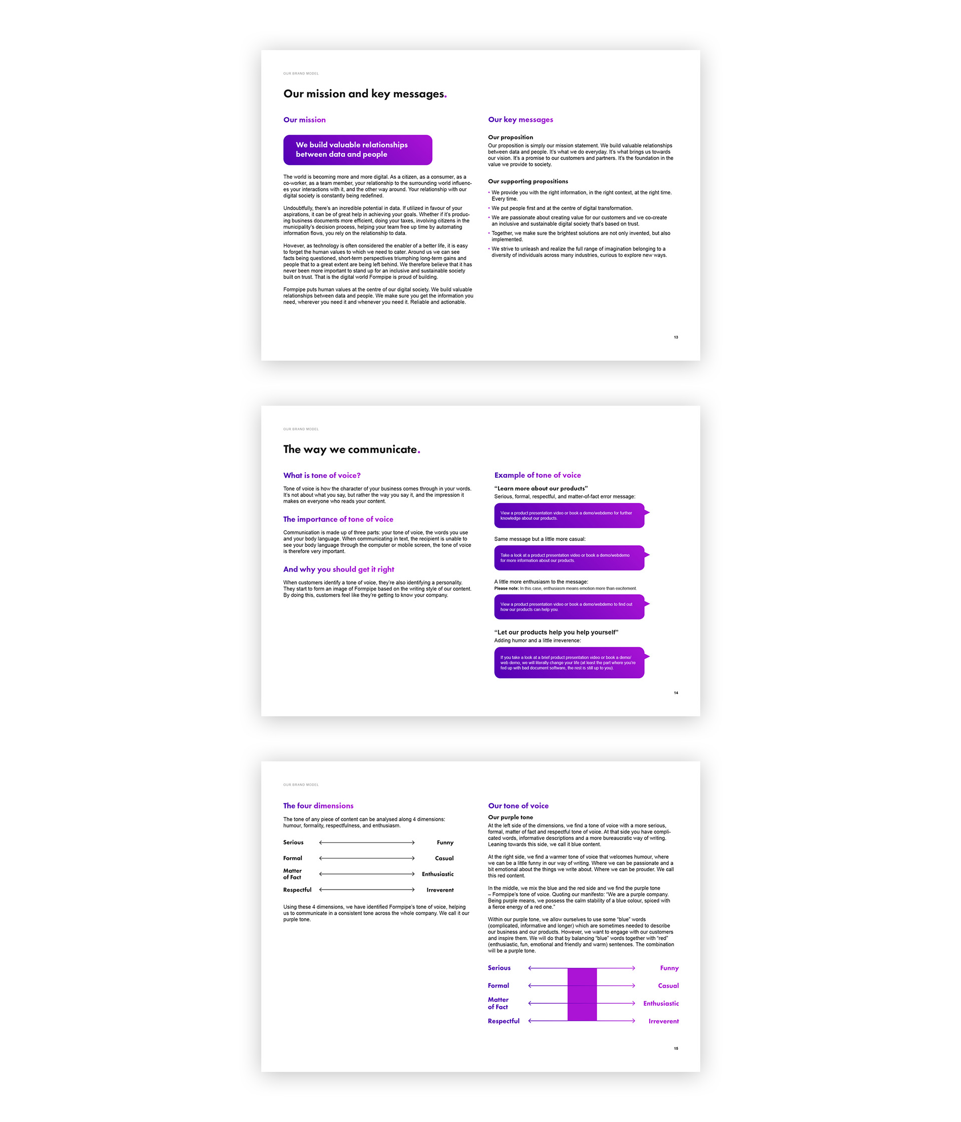 Tre uppslag ur Formpipes Brand Guidelines.