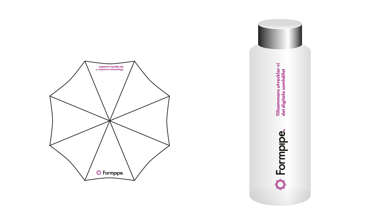 Giveaways. En illustration av ett paraply och en vattenflaska.