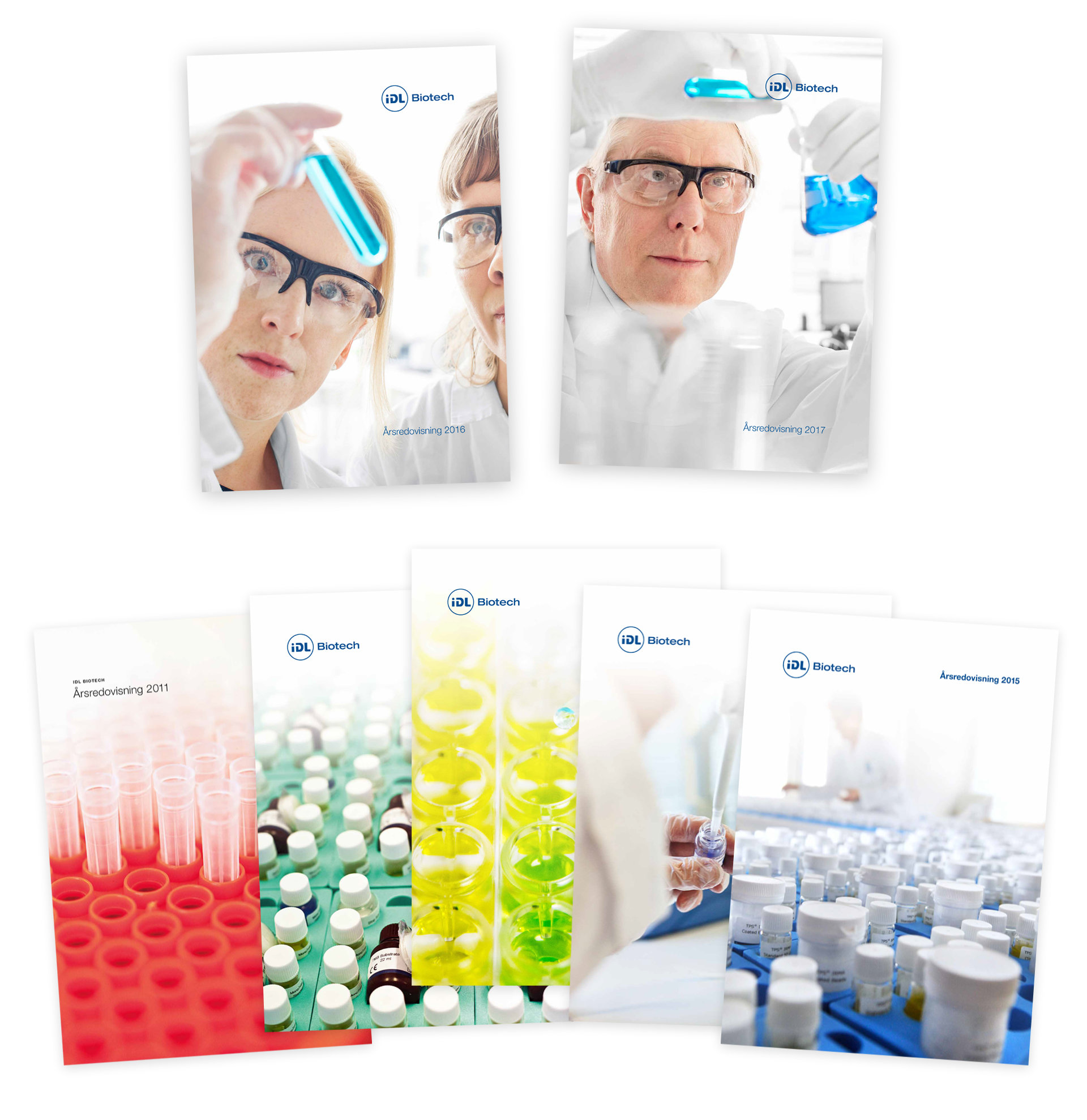 Omslagen till IDL Biotechs årsredovisningar mellan åren 2011–2017.