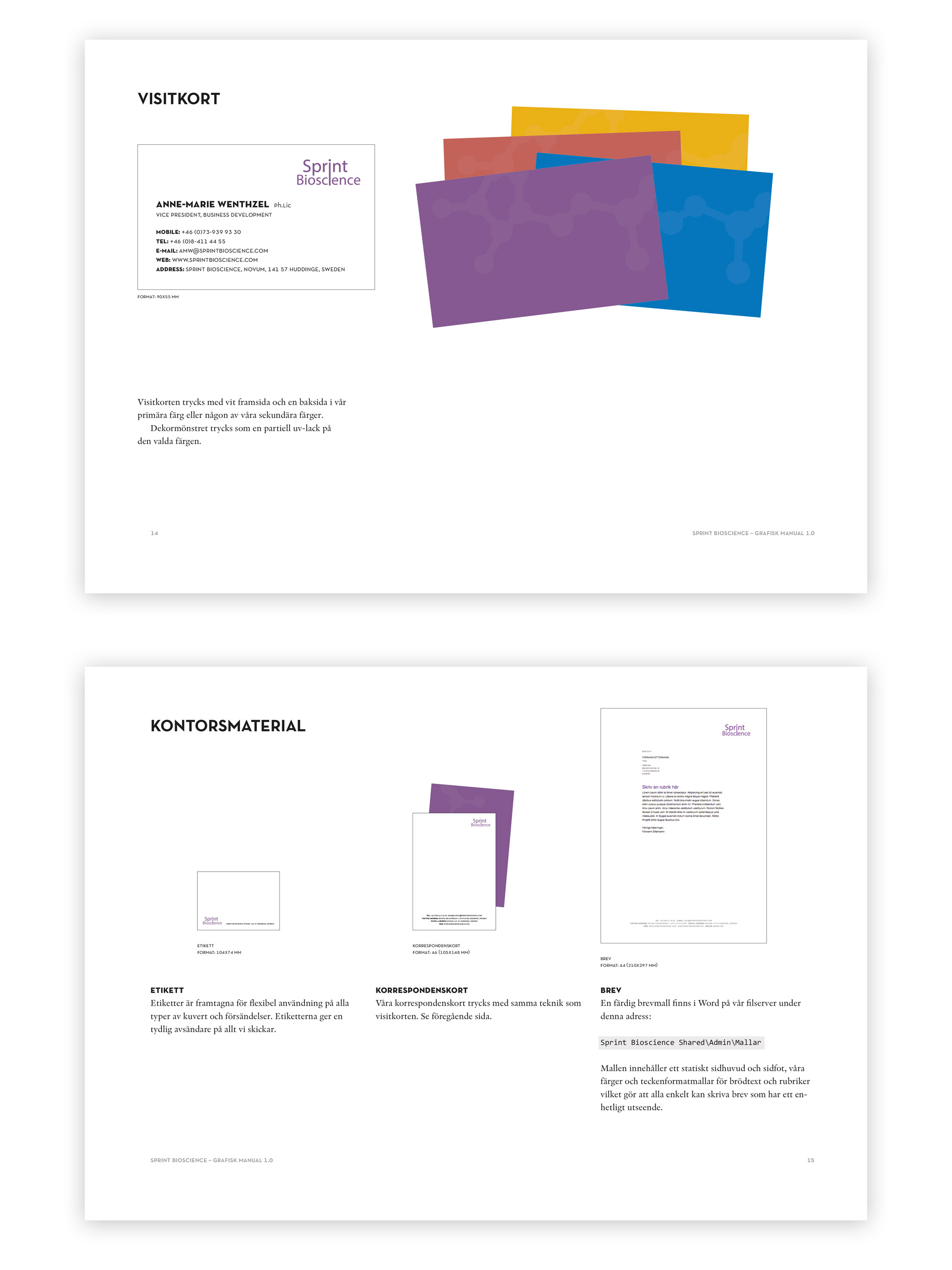 Två uppslag ur den grafiska profilmanualen.